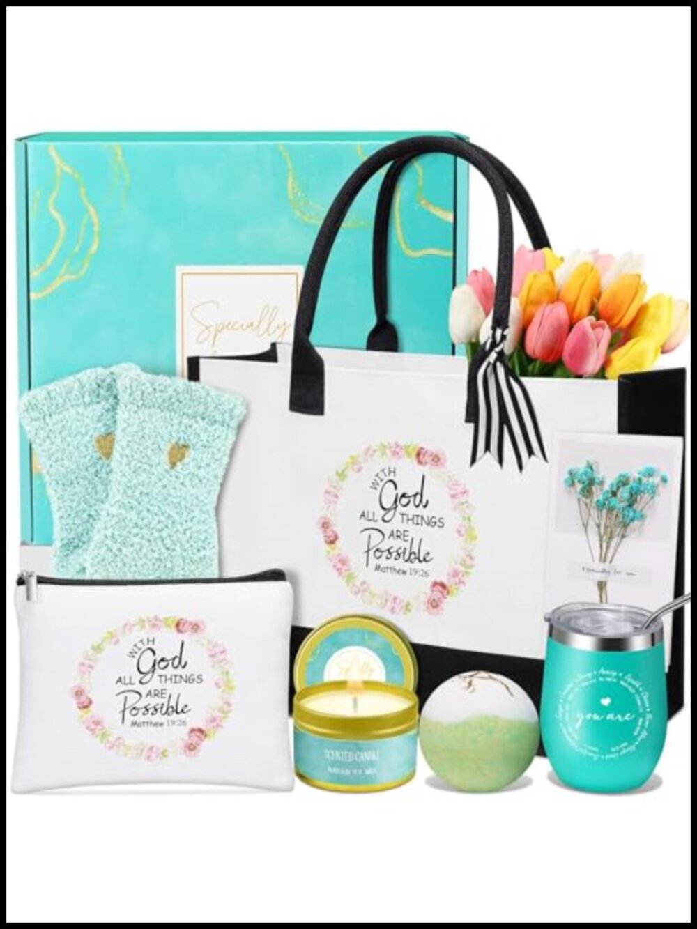 Christian Inspirational Gift Basket for Women Stainless Steel Tumbler Spa Set